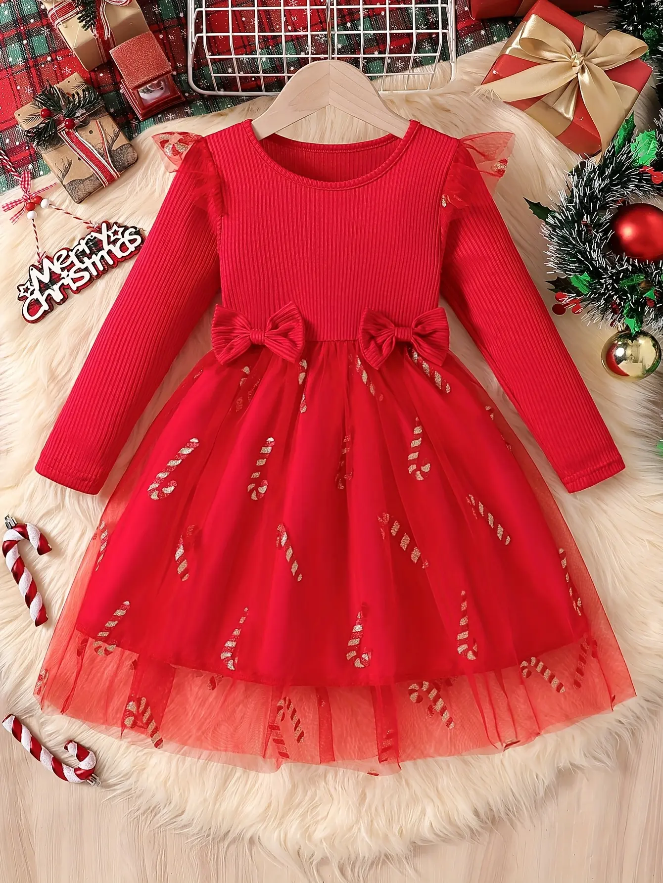 Girls Christmas Print Tulle Dress with Double Bows by LUNORIANA