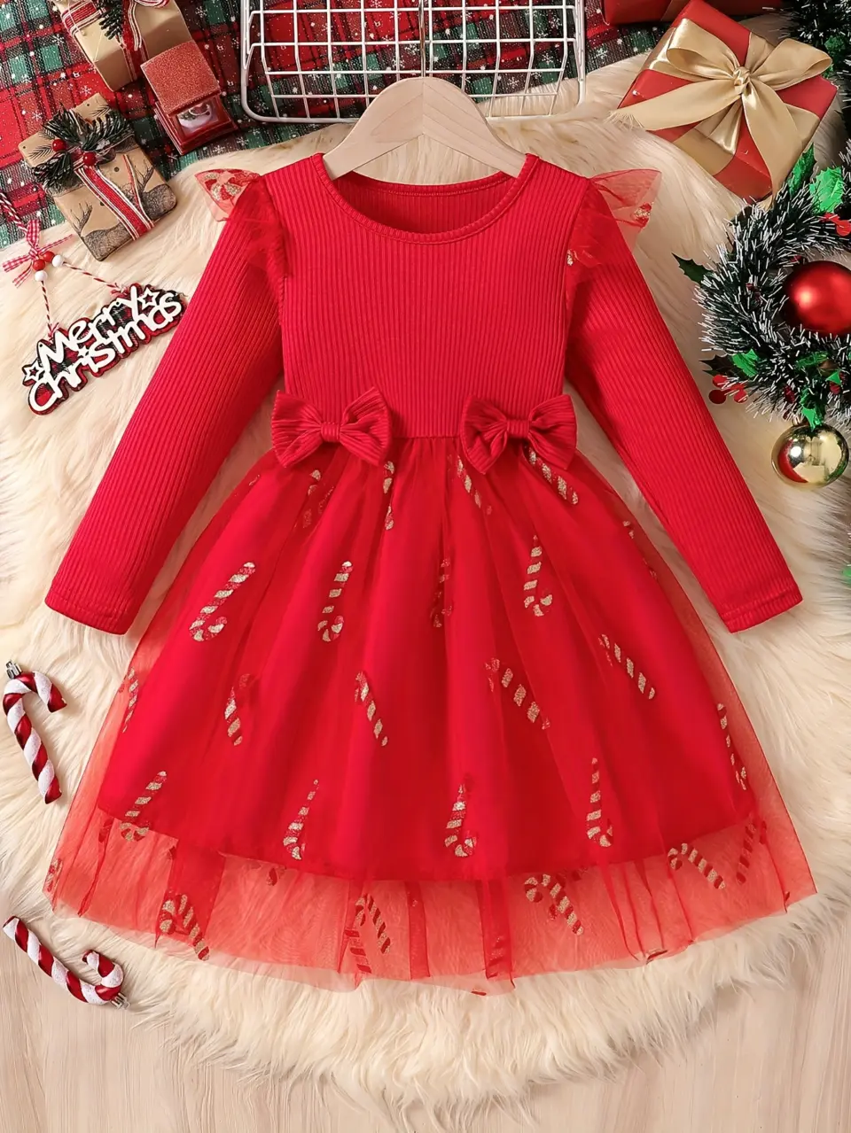 Girls Christmas Print Tulle Dress with Double Bows by LUNORIANA