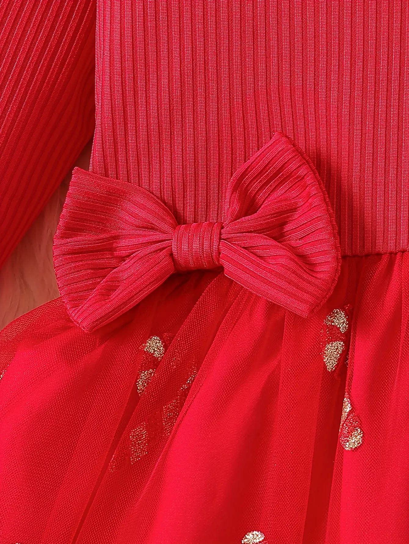 Detail 11 of Girls Christmas Print Tulle Dress with Double Bows by LUNORIANA
