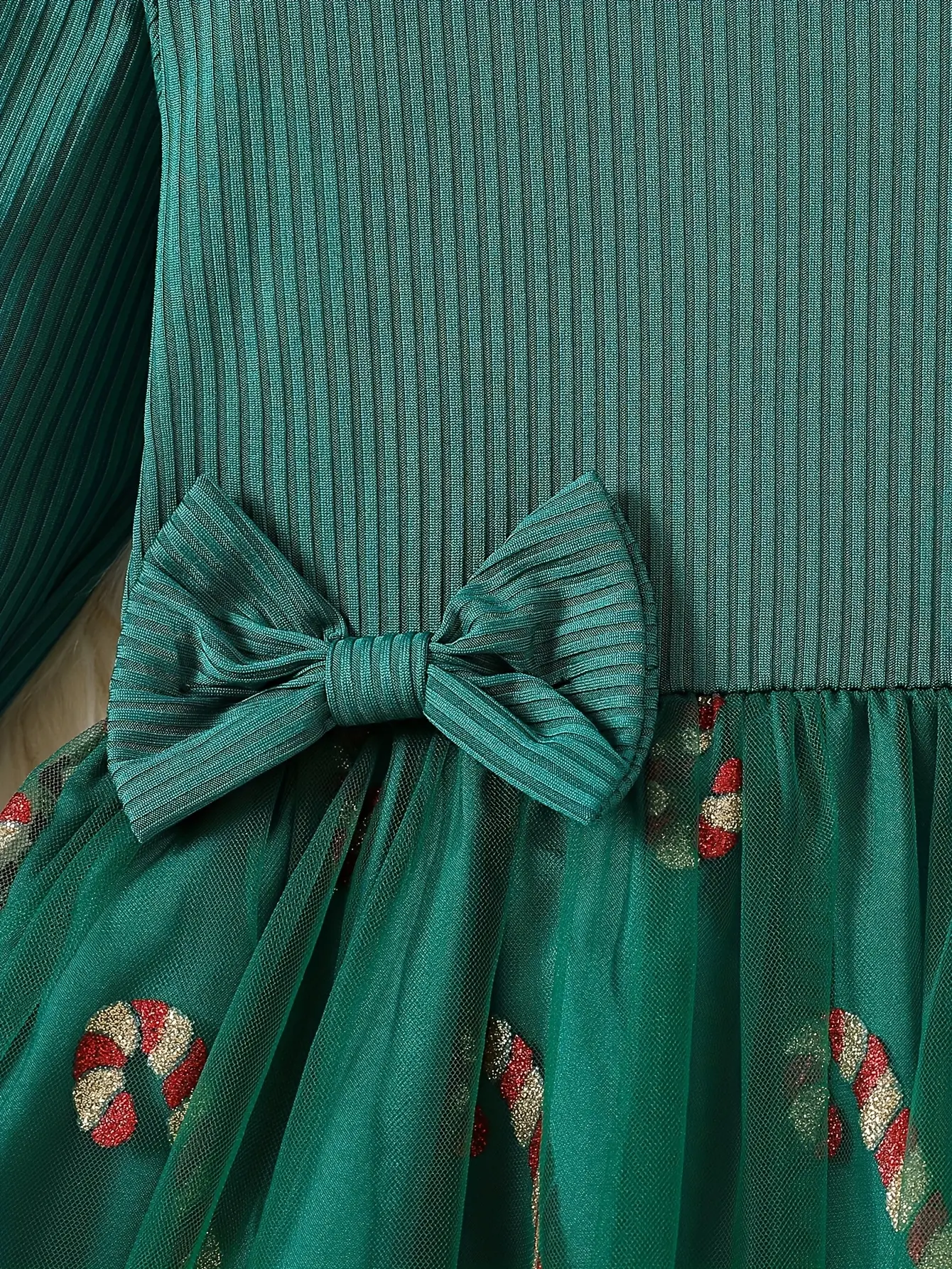 Detail 5 of Girls Christmas Print Tulle Dress with Double Bows by LUNORIANA