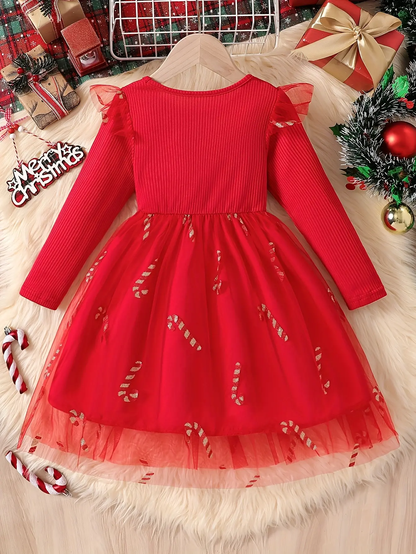 Detail 8 of Girls Christmas Print Tulle Dress with Double Bows by LUNORIANA