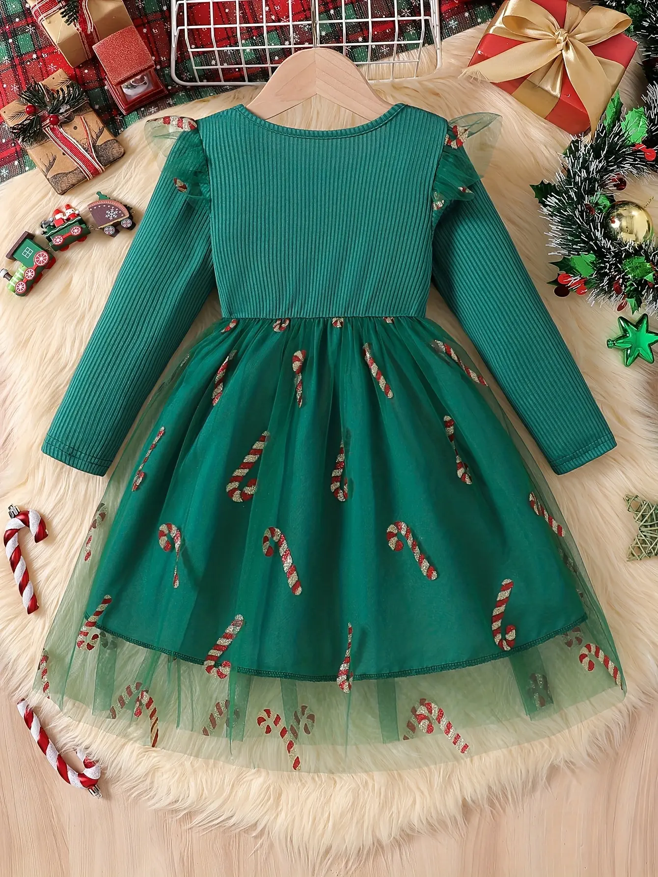 Detail 2 of Girls Christmas Print Tulle Dress with Double Bows by LUNORIANA