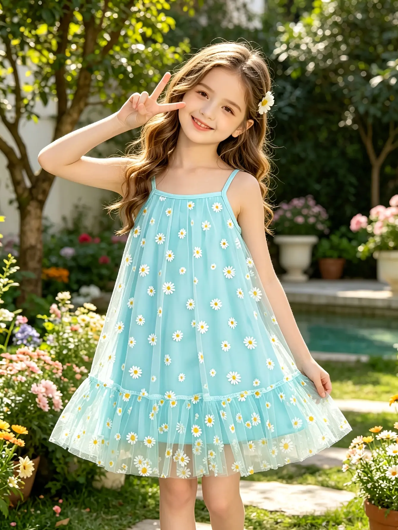 Detail 3 of Girls Teal Daisy Mesh Sundress with Tulle Skirt by LUNORIANA