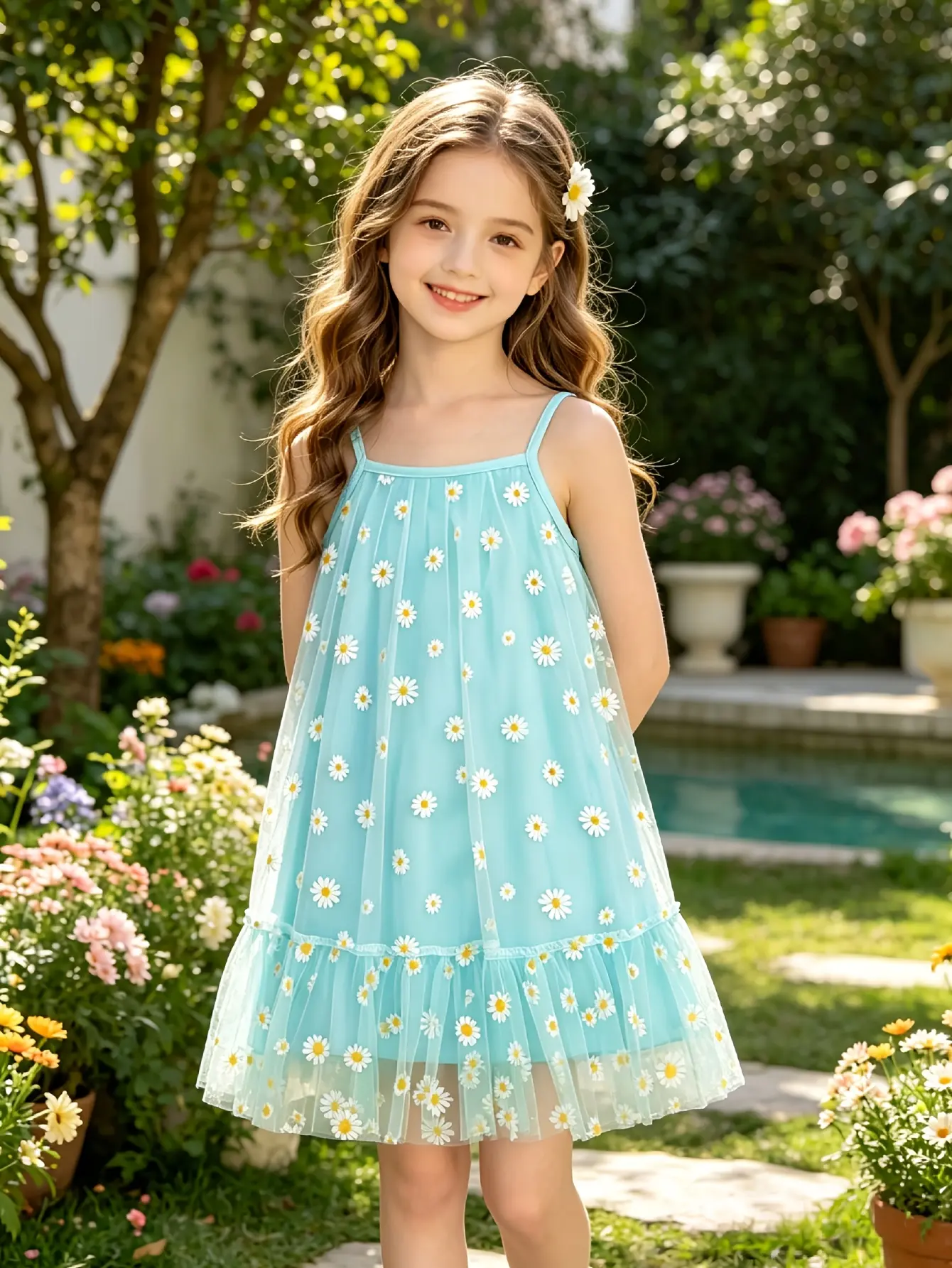 Detail 4 of Girls Teal Daisy Mesh Sundress with Tulle Skirt by LUNORIANA