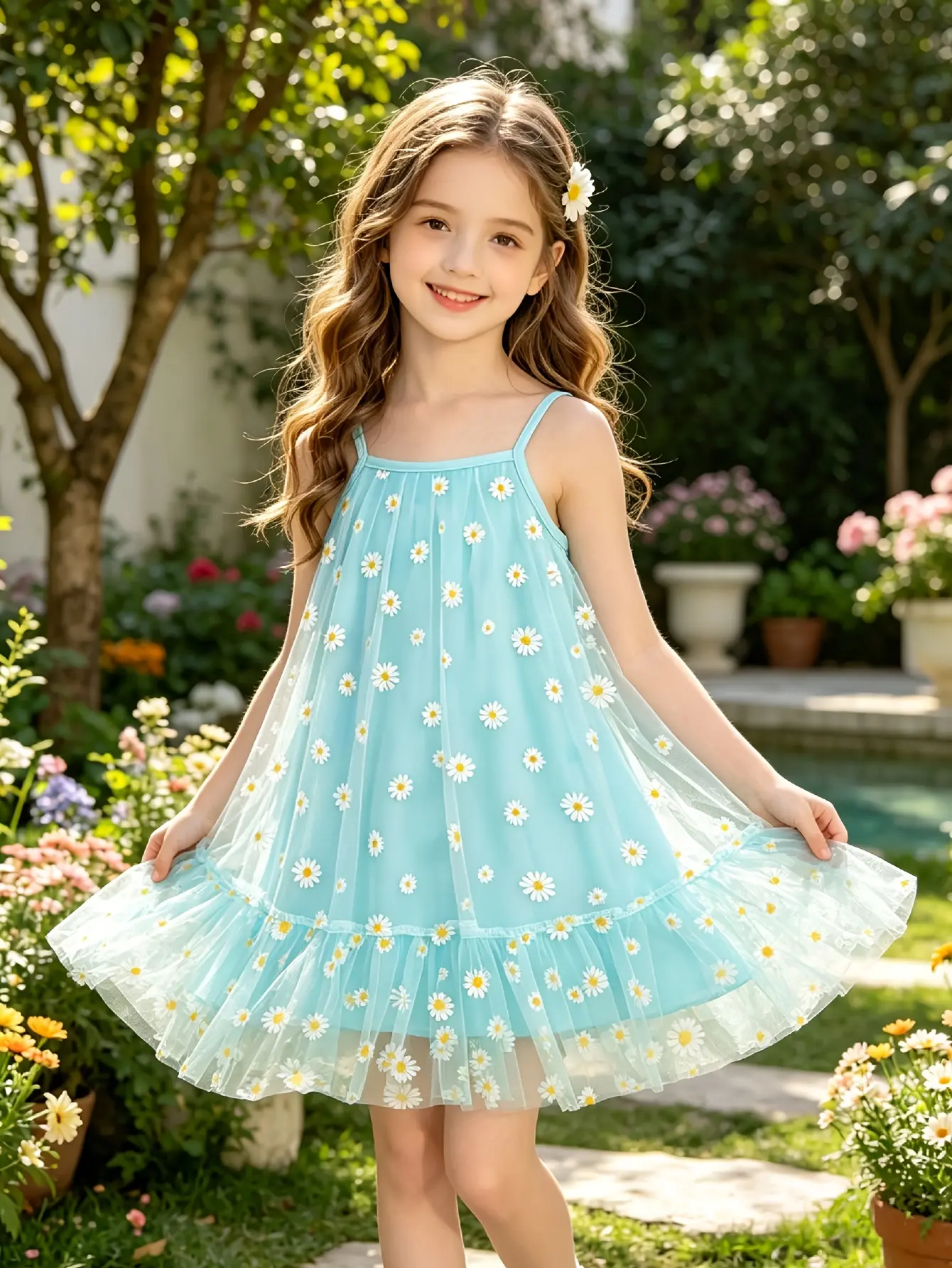 Detail 2 of Girls Teal Daisy Mesh Sundress with Tulle Skirt by LUNORIANA