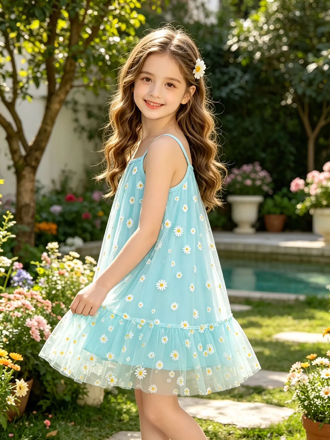 Detail 1 of Girls Teal Daisy Mesh Sundress with Tulle Skirt by LUNORIANA