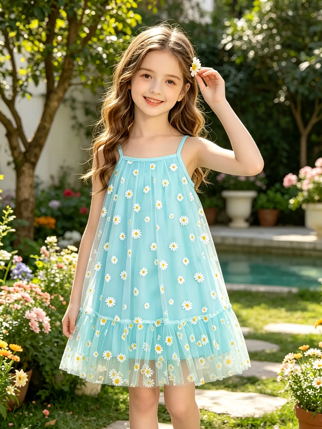 Detail 5 of Girls Teal Daisy Mesh Sundress with Tulle Skirt by LUNORIANA