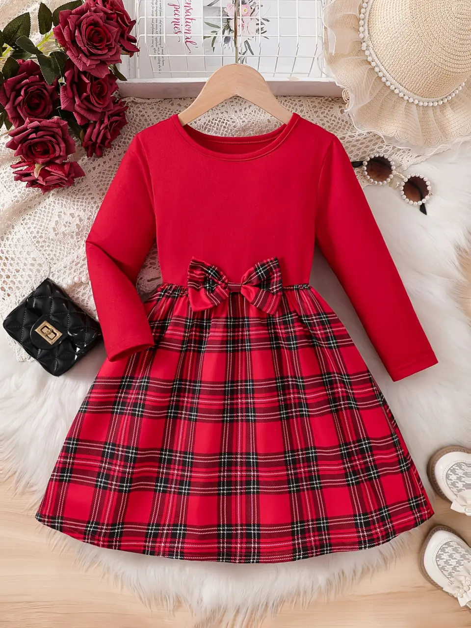 Girls Colorblock Plaid Print Dress with Center Bow by LUNORIANA