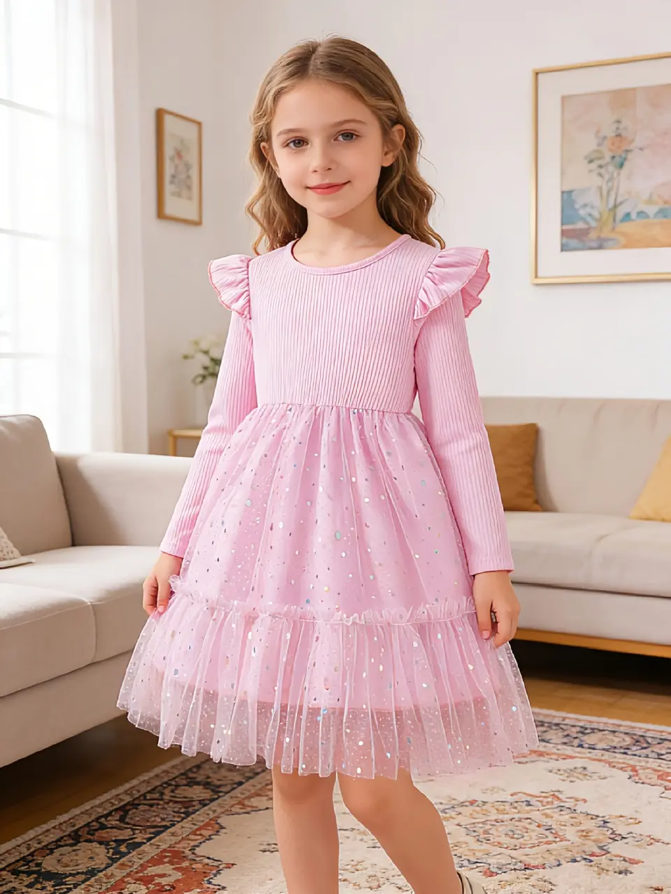 Girls Sequin Tulle Dress with Long Sleeves by LUNORIANA