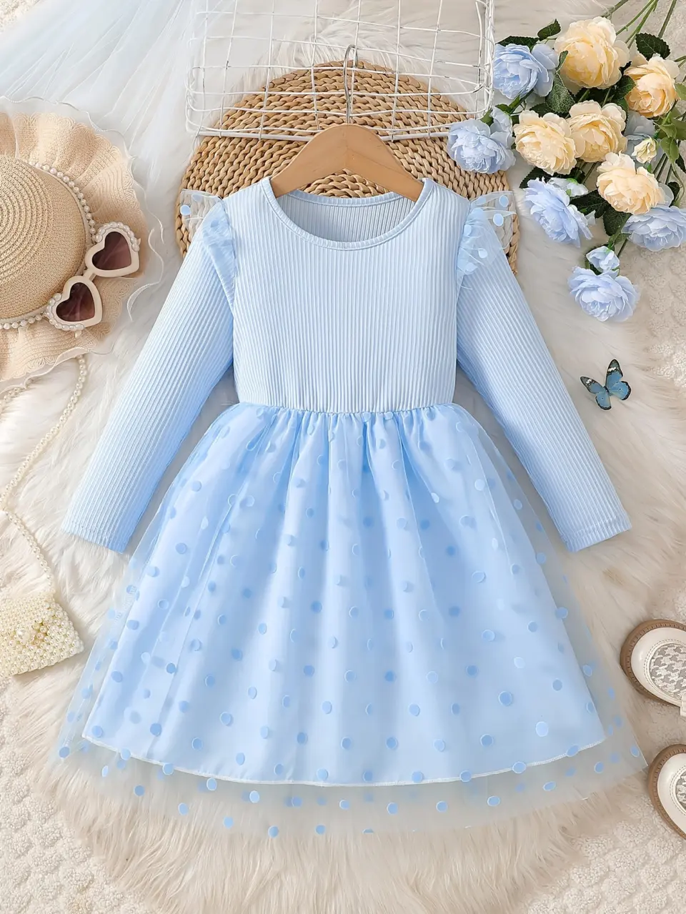 Girls Wave Dot Tulle Princess Dress with Long Sleeves by LUNORIANA
