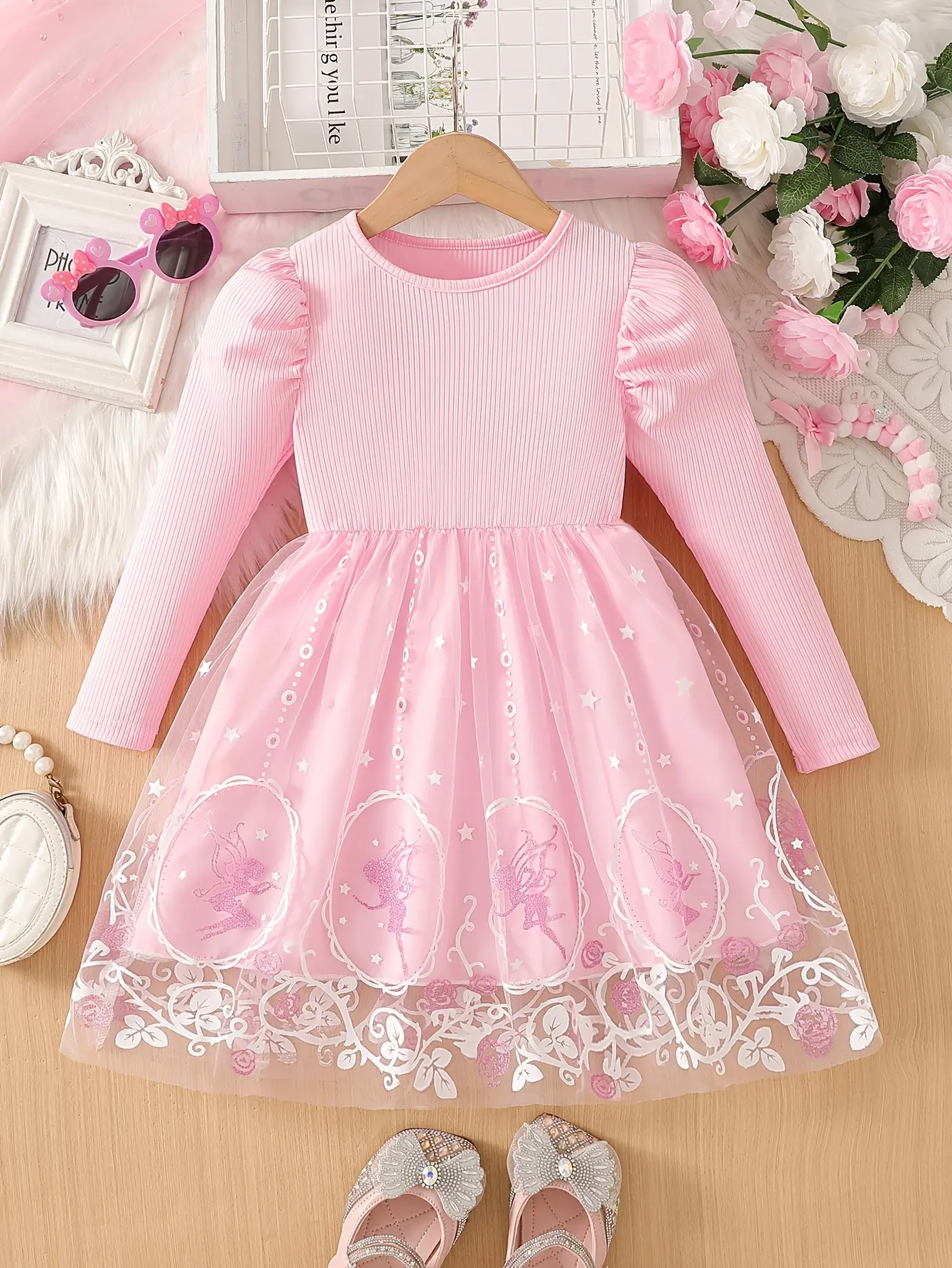 Girls Puff Sleeve Printed Tulle Dress by LUNORIANA