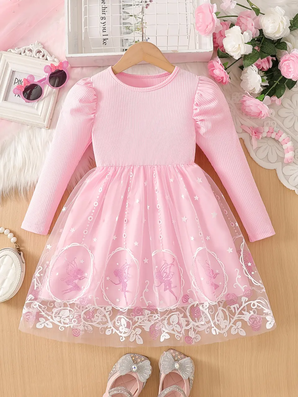 Girls Puff Sleeve Printed Tulle Dress by LUNORIANA