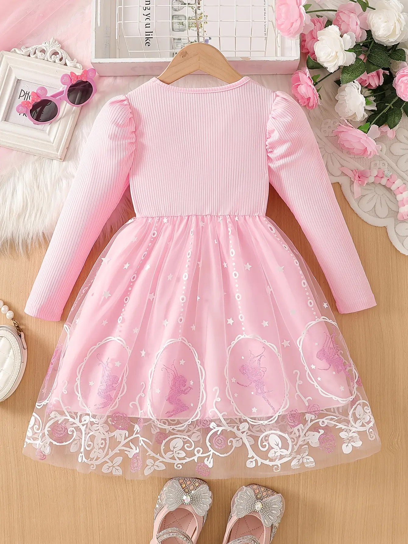 Detail 8 of Girls Puff Sleeve Printed Tulle Dress by LUNORIANA