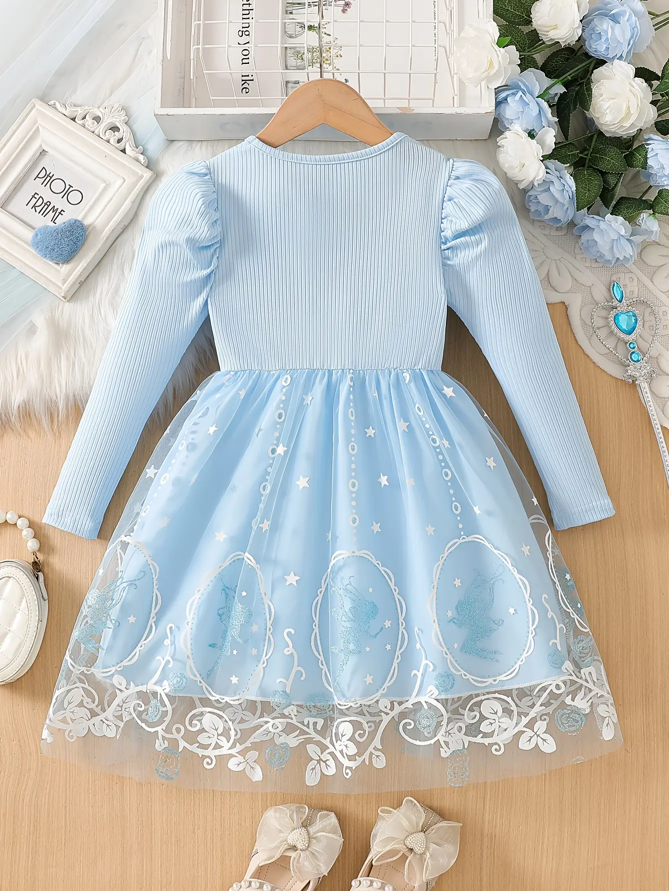 Detail 2 of Girls Puff Sleeve Printed Tulle Dress by LUNORIANA
