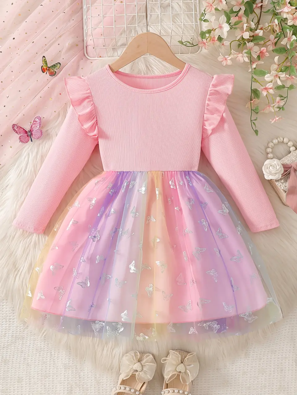 Girls Gradient Butterfly Tulle Dress with Flutter Sleeves by LUNORIANA