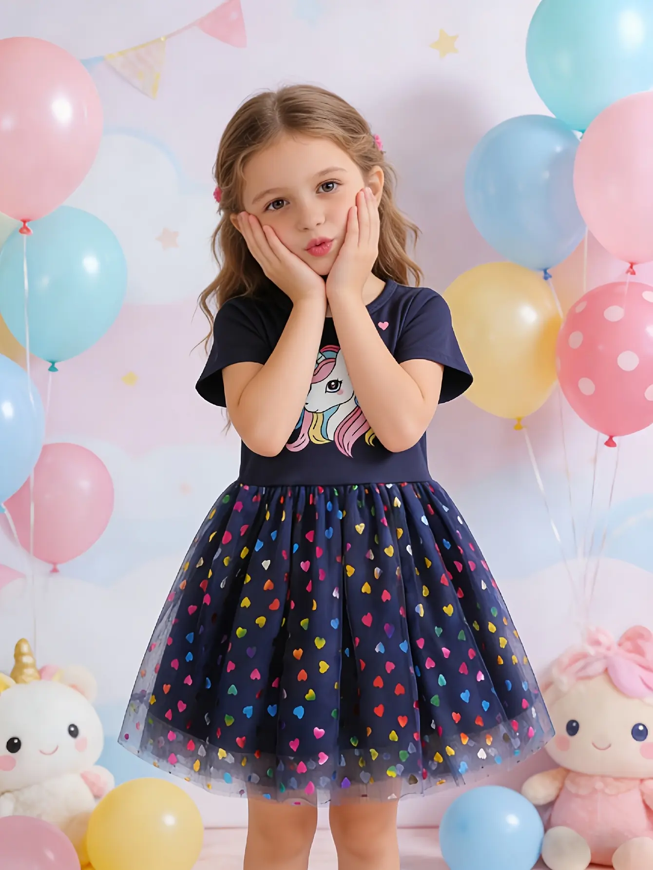 Detail 3 of Girls Unicorn Print Short Sleeve Princess Dress by LUNORIANA