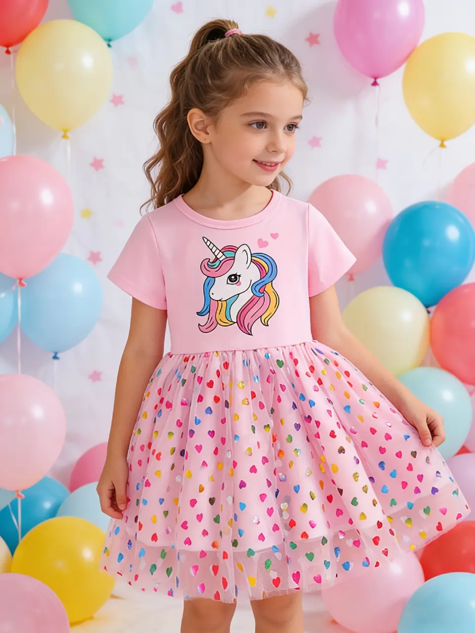 Detail view of Girls Unicorn Print Short Sleeve Princess Dress by LUNORIANA