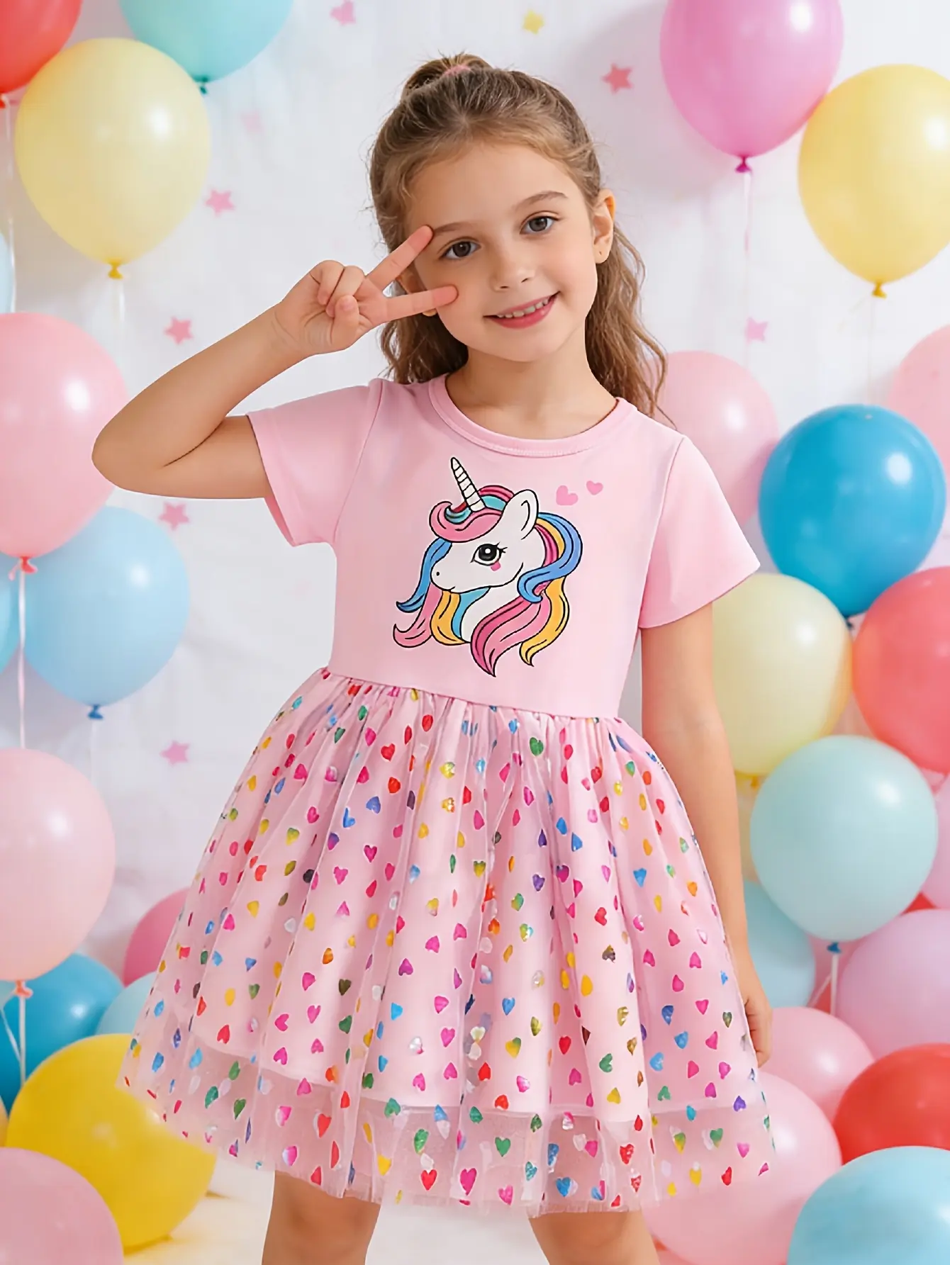 Detail 6 of Girls Unicorn Print Short Sleeve Princess Dress by LUNORIANA