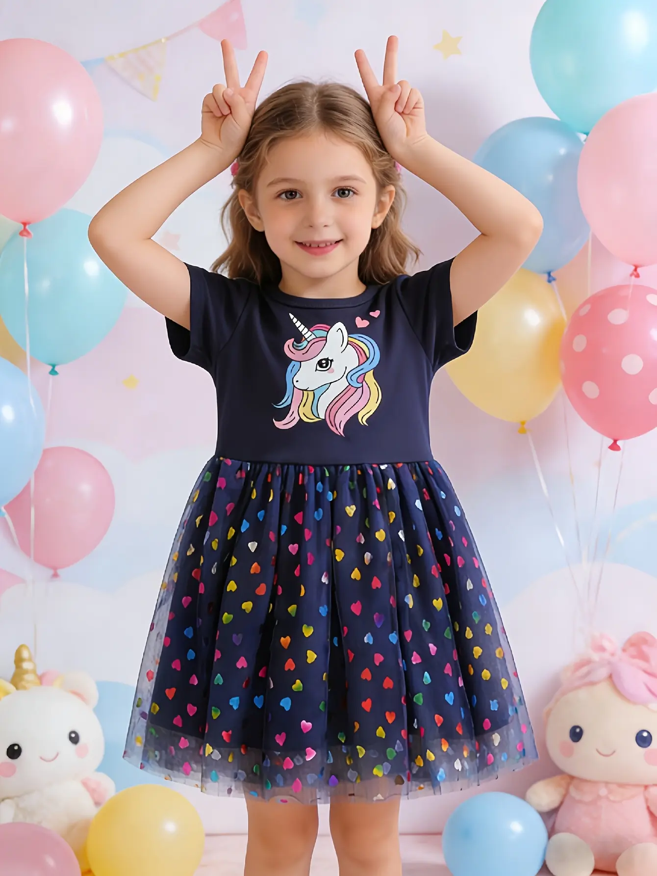 Detail 4 of Girls Unicorn Print Short Sleeve Princess Dress by LUNORIANA