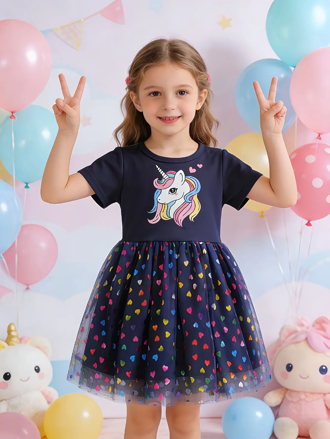 Detail 5 of Girls Unicorn Print Short Sleeve Princess Dress by LUNORIANA