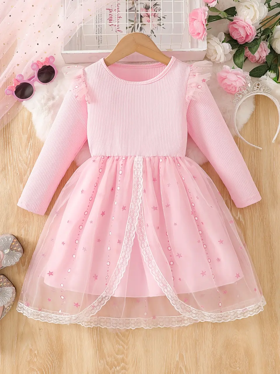 Girls Ribbed Lace Tulle Princess Dress for Parties by LUNORIANA