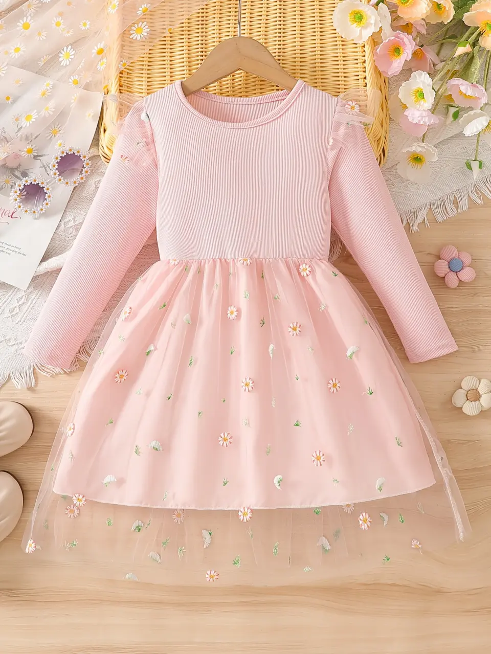 Girls Daisy Embroidered Tulle Dress with Flutter Sleeves by LUNORIANA