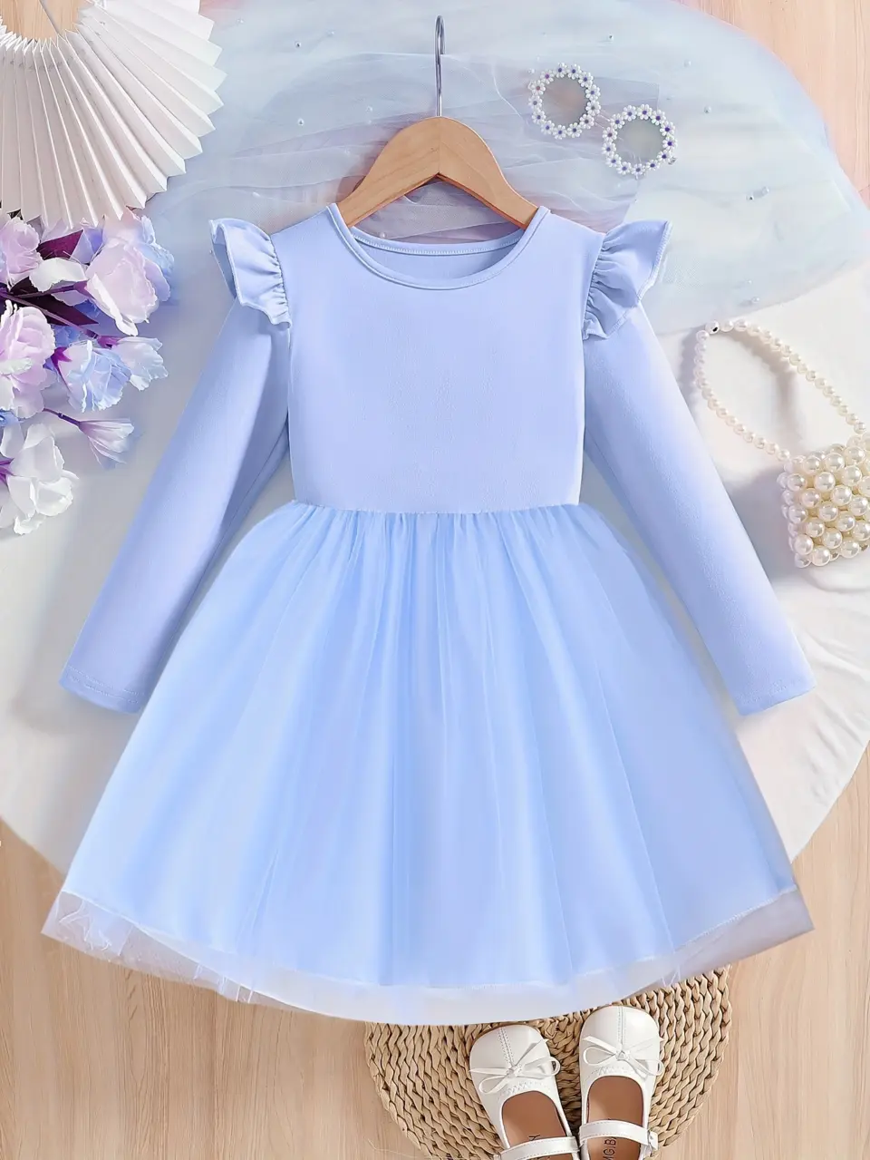 Girls Long Sleeve Flutter Tulle Dress with Round Neck by LUNORIANA