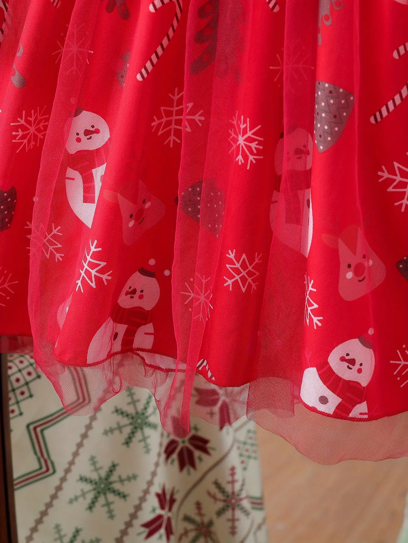 Detail 4 of Girls Christmas Print Ruffle Sleeve Dress by LUNORIANA