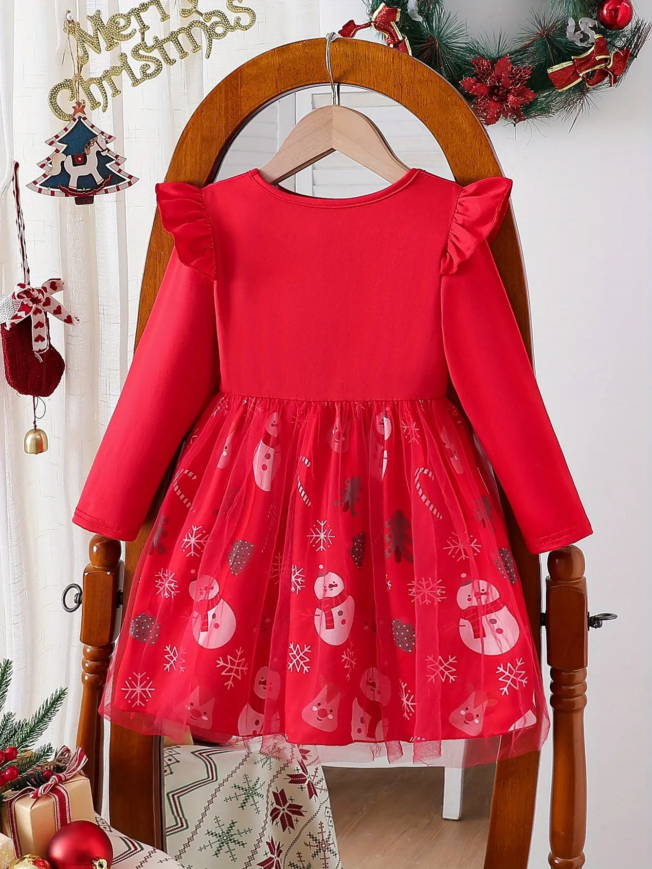 Detail 1 of Girls Christmas Print Ruffle Sleeve Dress by LUNORIANA