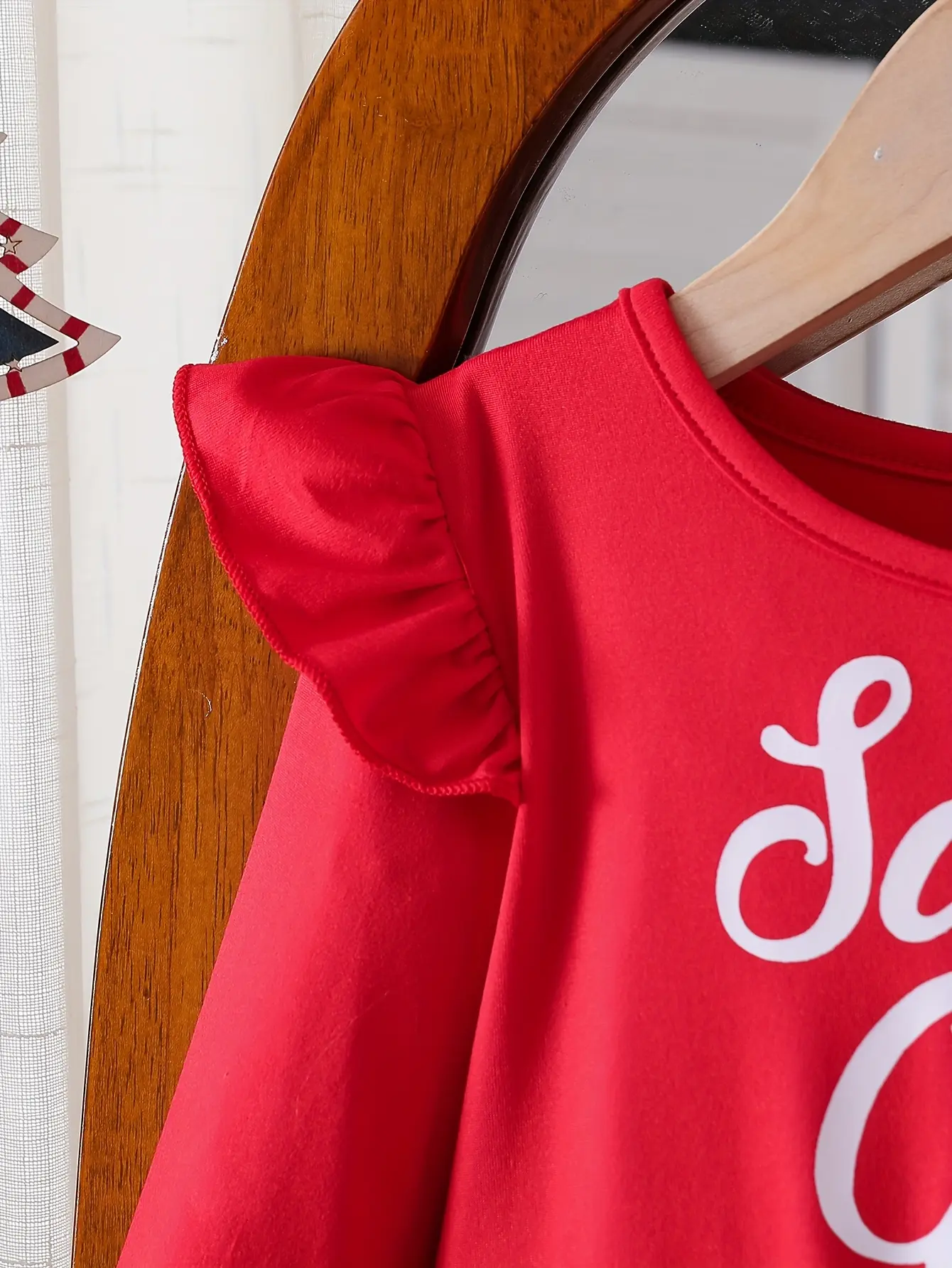 Detail 3 of Girls Christmas Print Ruffle Sleeve Dress by LUNORIANA
