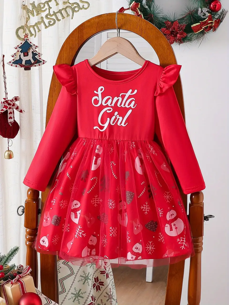 Girls Christmas Print Ruffle Sleeve Dress by LUNORIANA