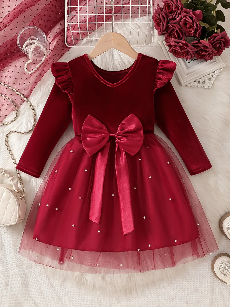 Girls Velvet Tulle Party Dress with Beaded Detail and Back Bow by LUNORIANA