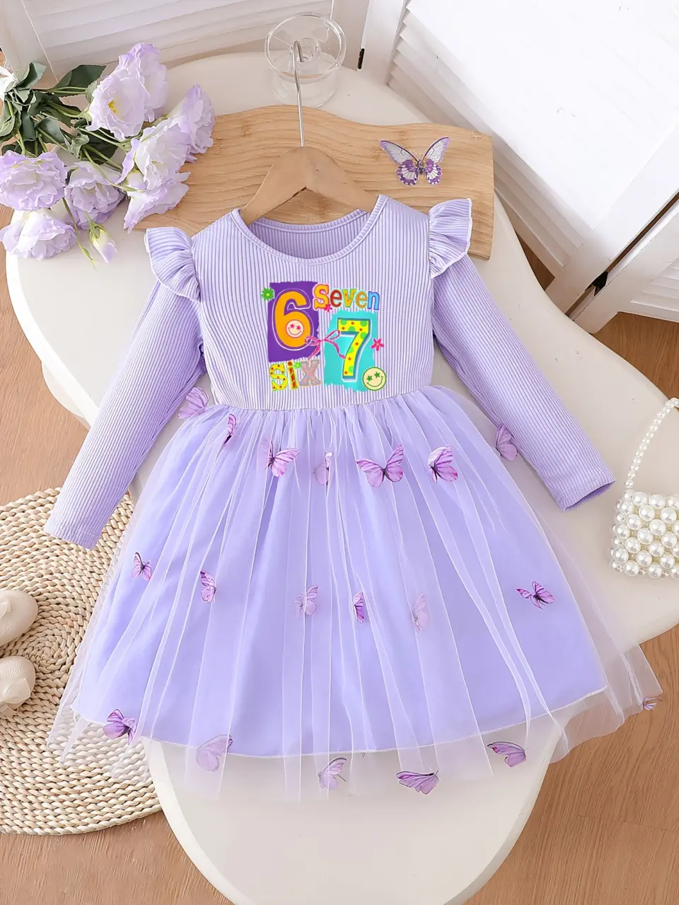 Girls Purple 67 Butterfly Embroidered Tulle Dress by LUNORIANA