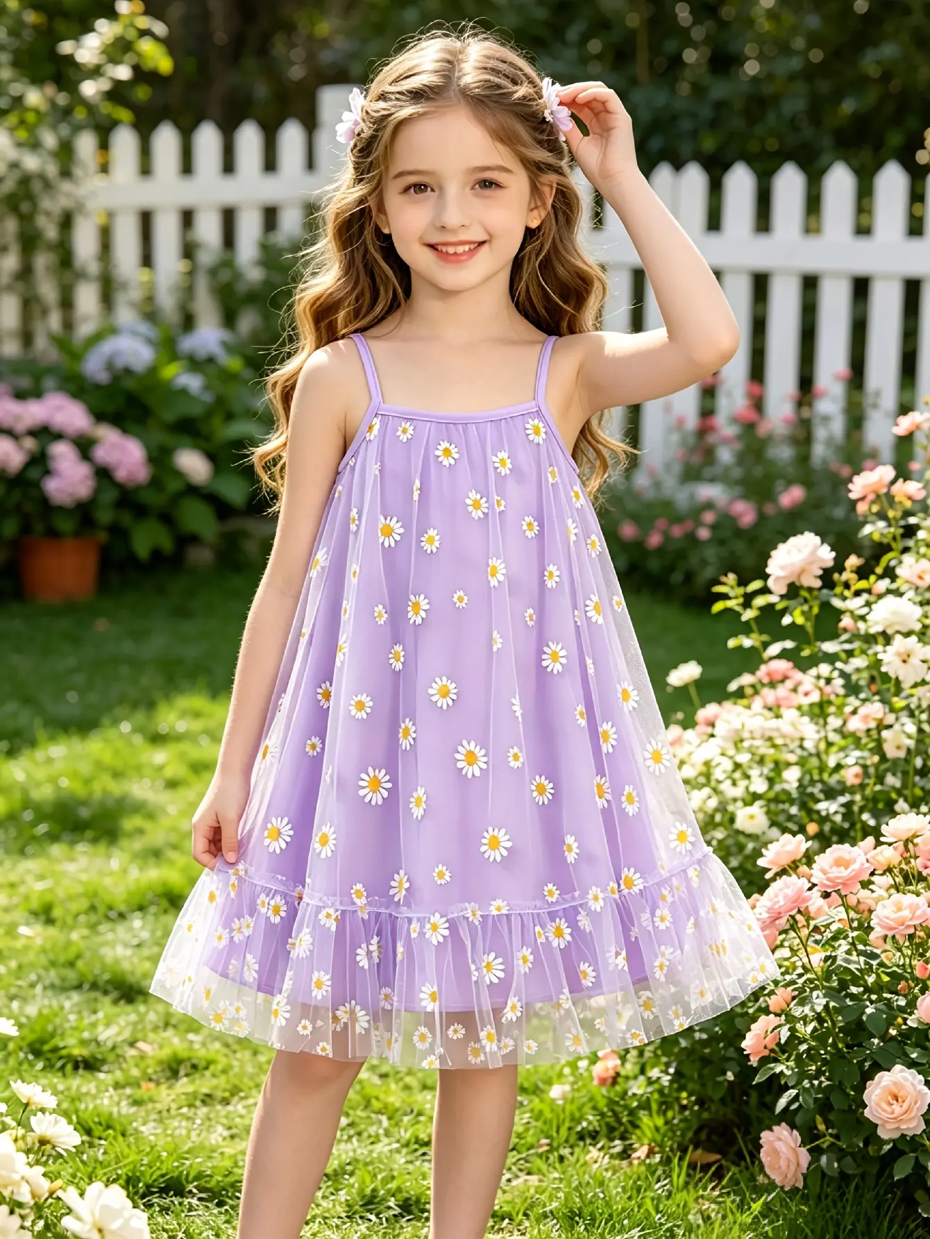 Detail 3 of Girls Purple Daisy Mesh Sundress with Tulle Skirt by LUNORIANA