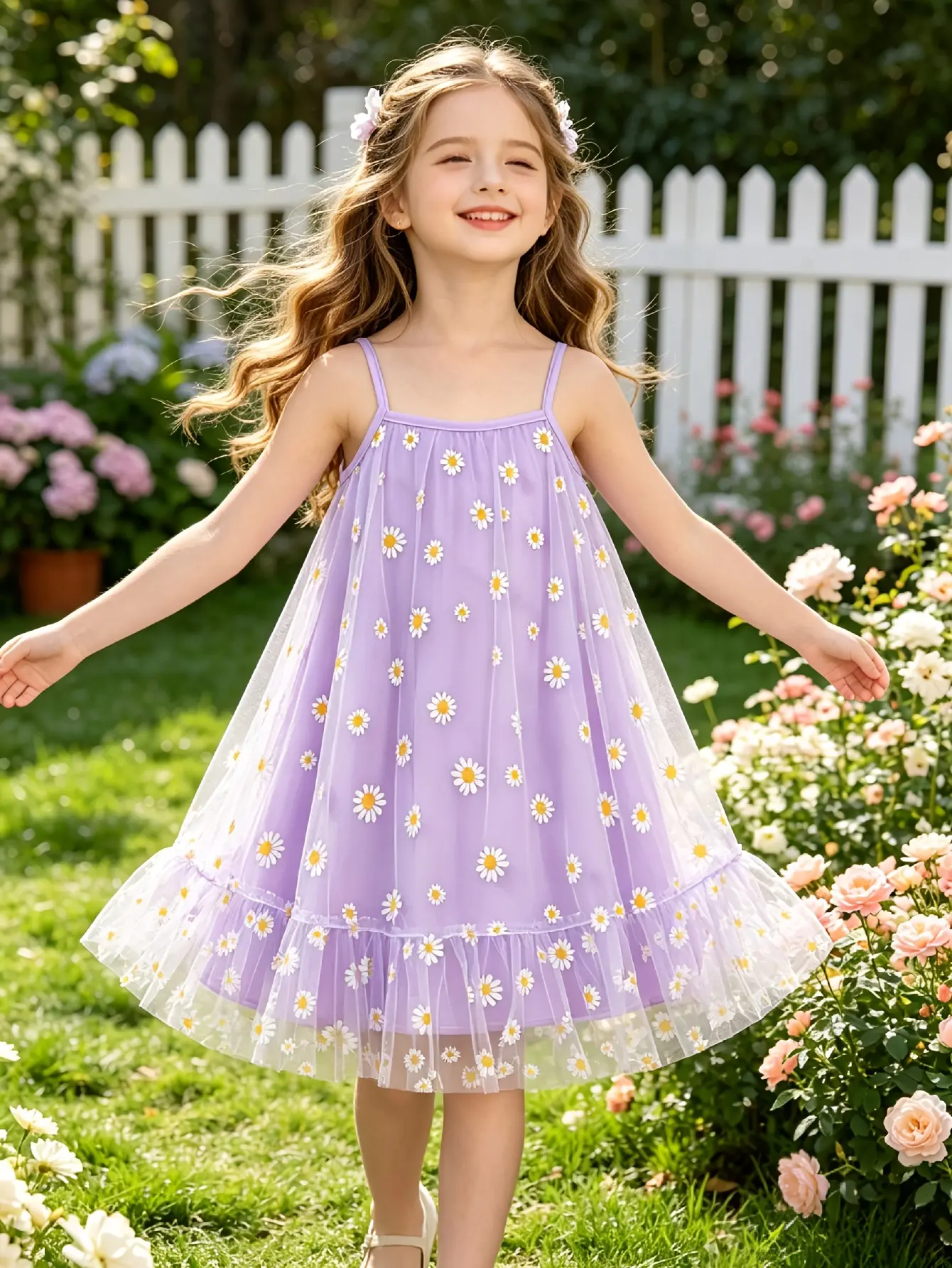 Detail 4 of Girls Purple Daisy Mesh Sundress with Tulle Skirt by LUNORIANA