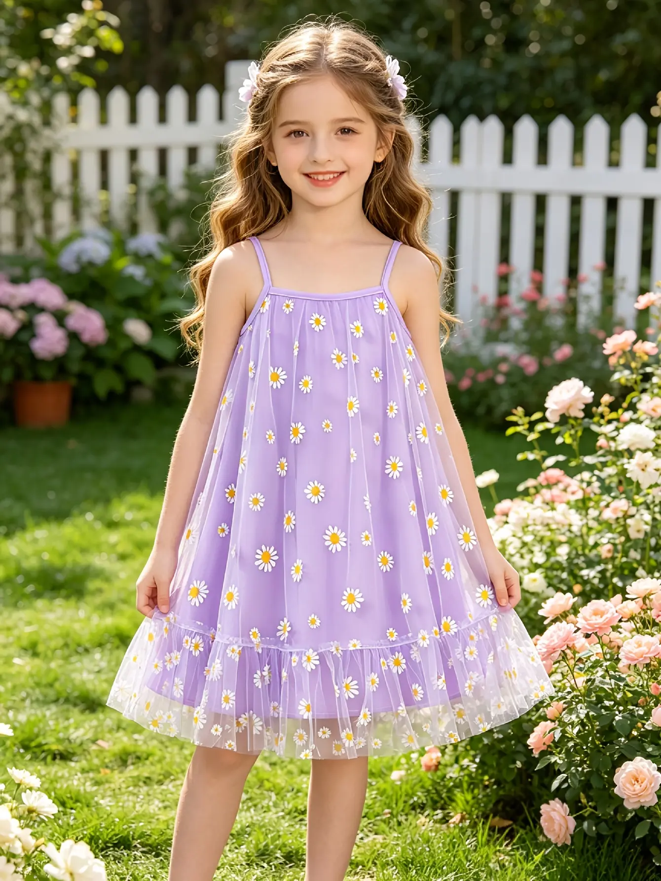 Girls Purple Daisy Mesh Sundress with Tulle Skirt by LUNORIANA