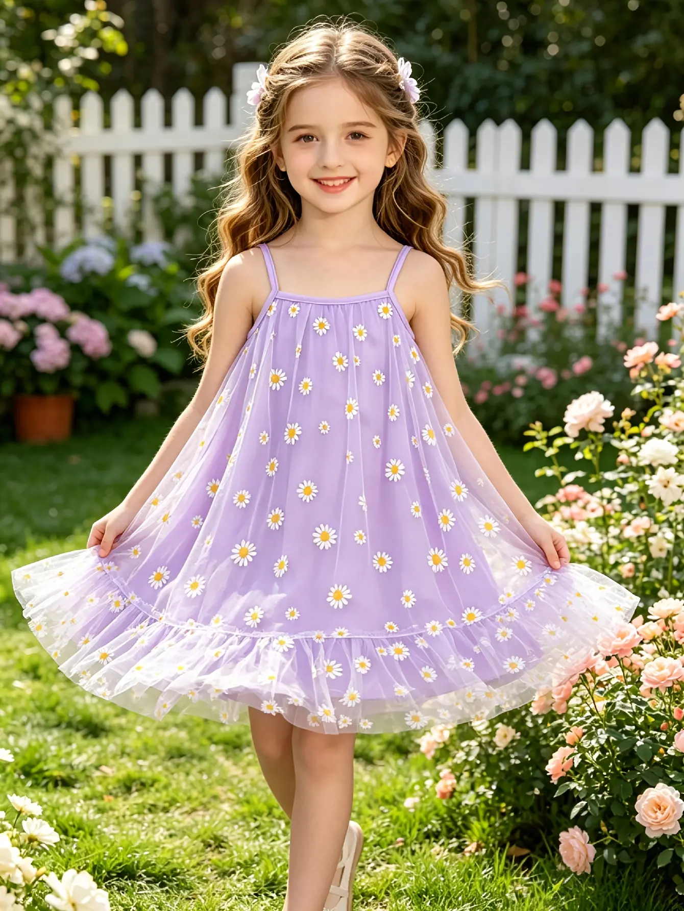 Detail 2 of Girls Purple Daisy Mesh Sundress with Tulle Skirt by LUNORIANA