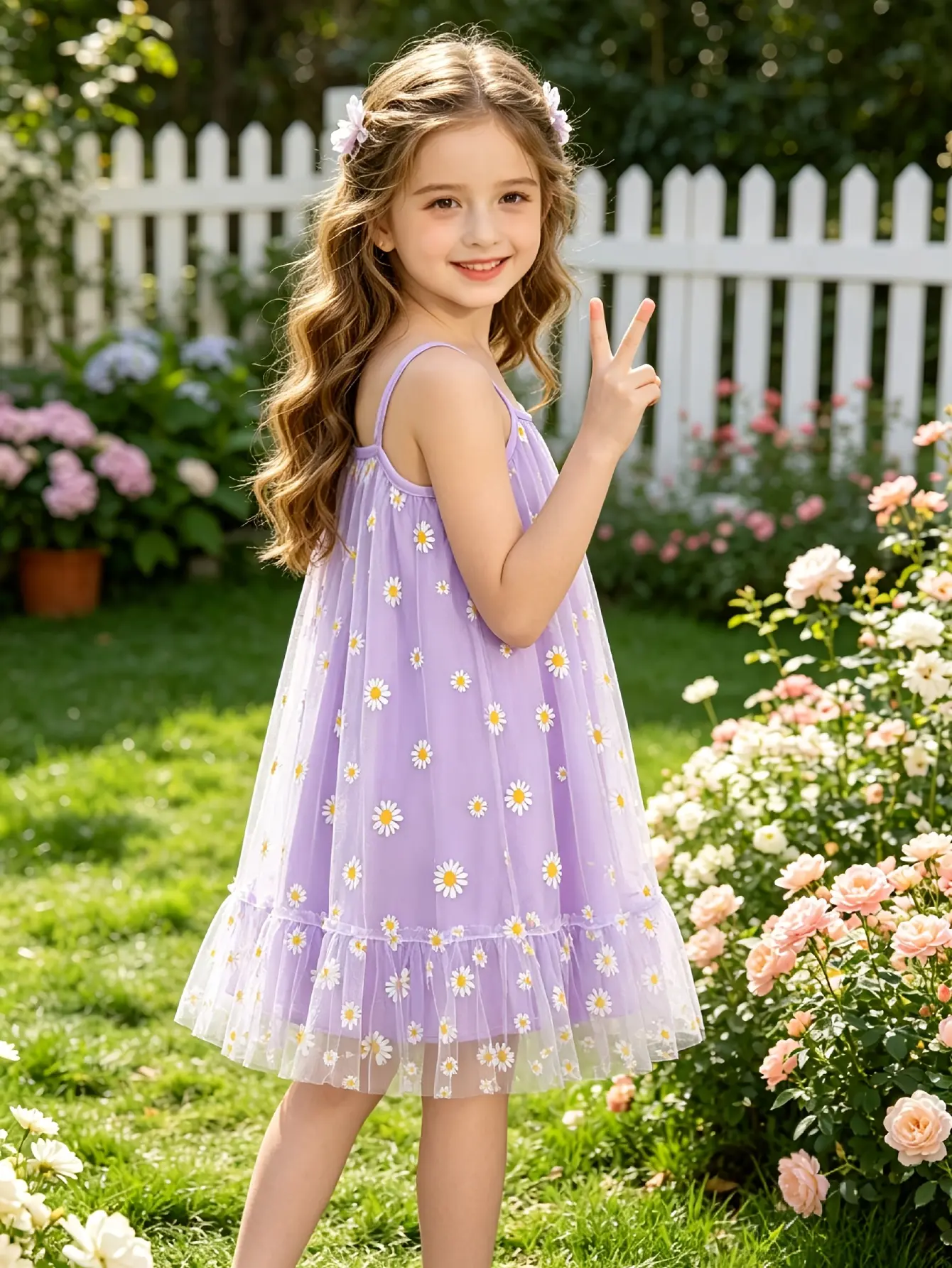 Detail 1 of Girls Purple Daisy Mesh Sundress with Tulle Skirt by LUNORIANA
