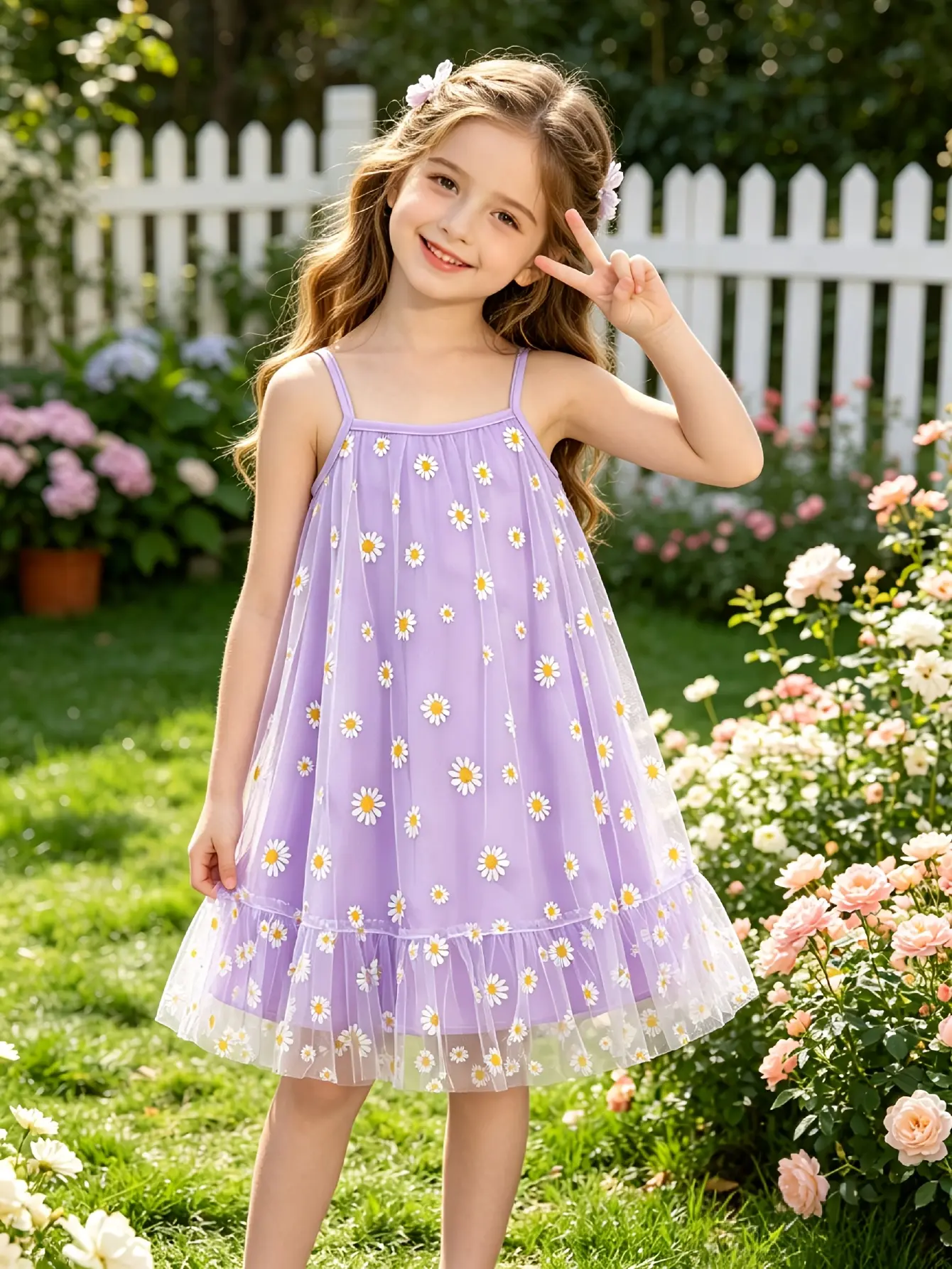 Detail 5 of Girls Purple Daisy Mesh Sundress with Tulle Skirt by LUNORIANA