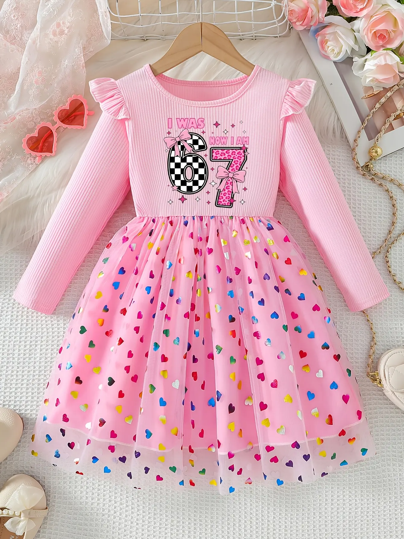 Girls Pink 67 Graphic Heart Tulle Dress by LUNORIANA