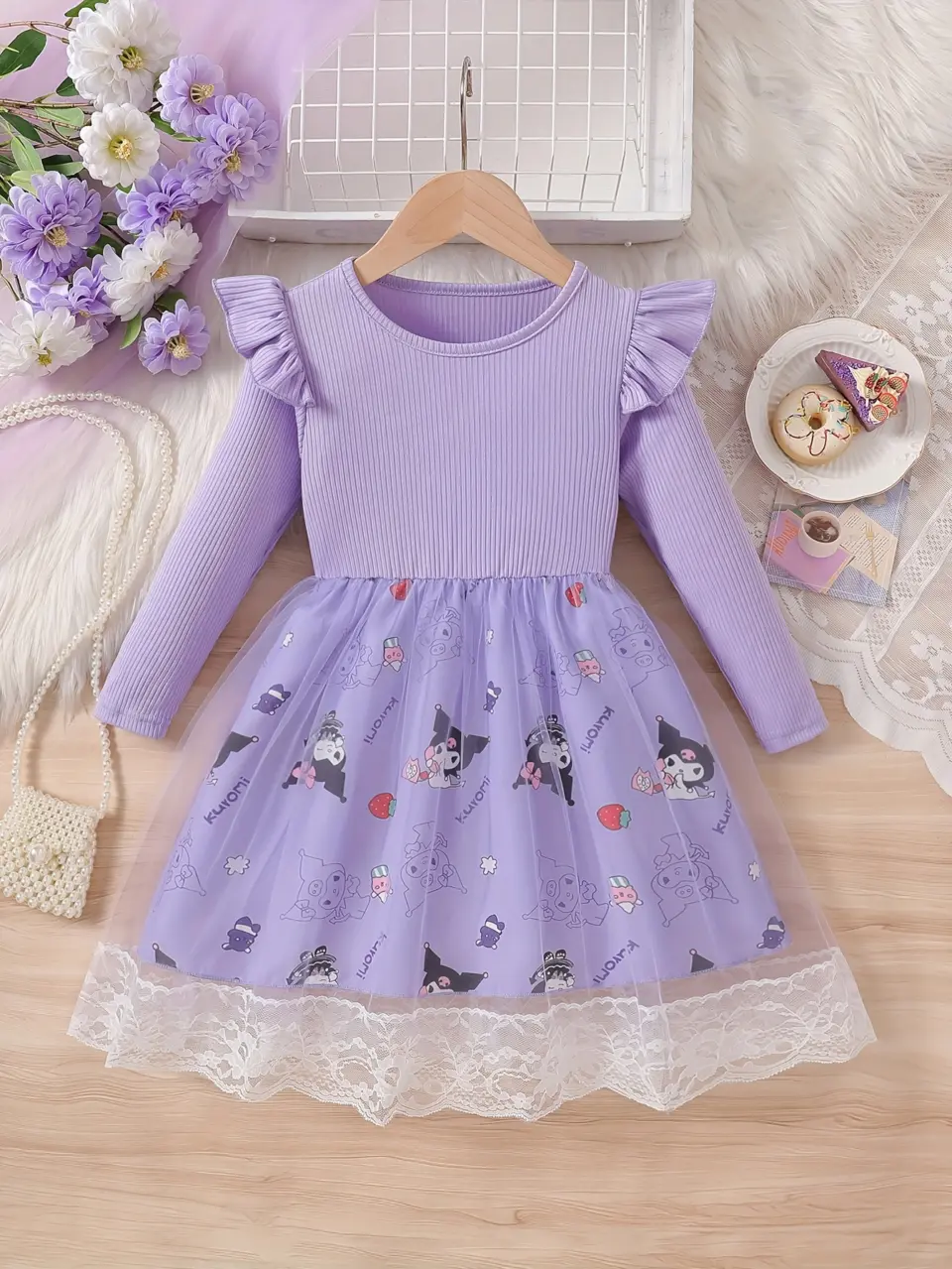 Girls Purple Kuromi Print Long Sleeve Tulle Dress by LUNORIANA