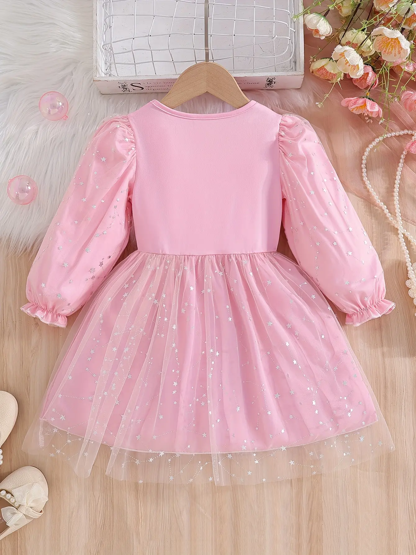 Detail 7 of Girls Star Sequin Tulle Dress with Flare Sleeves by LUNORIANA