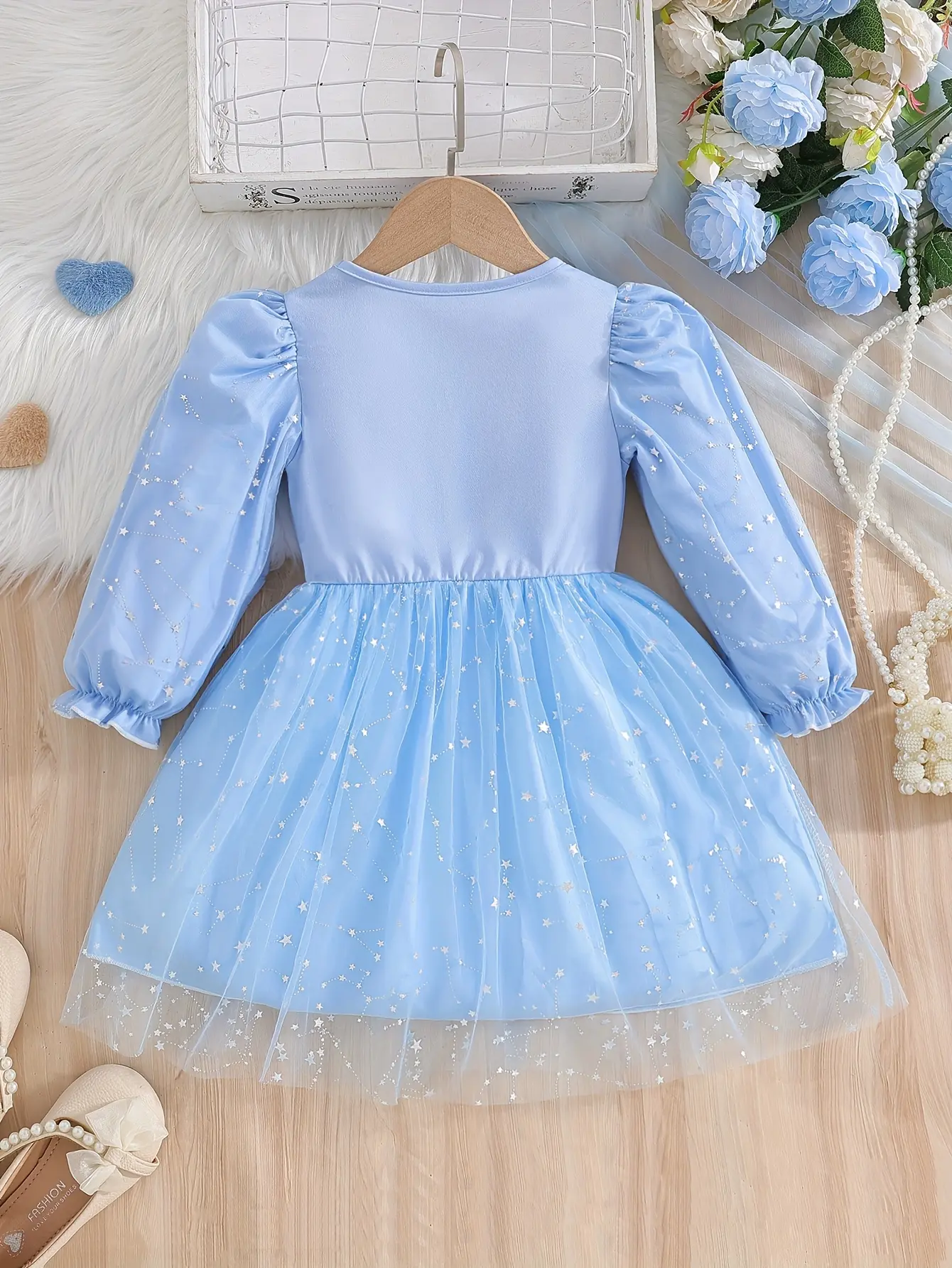Detail 2 of Girls Star Sequin Tulle Dress with Flare Sleeves by LUNORIANA