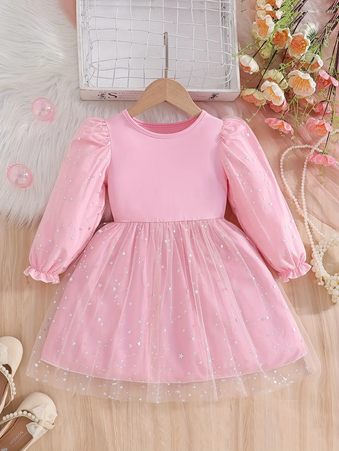 Girls Long Sleeve Star Sequin Tulle Dress