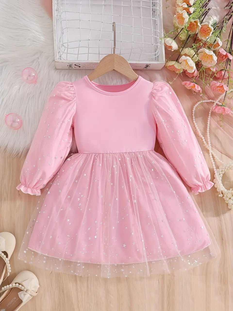 Girls Long Sleeve Star Sequin Tulle Dress