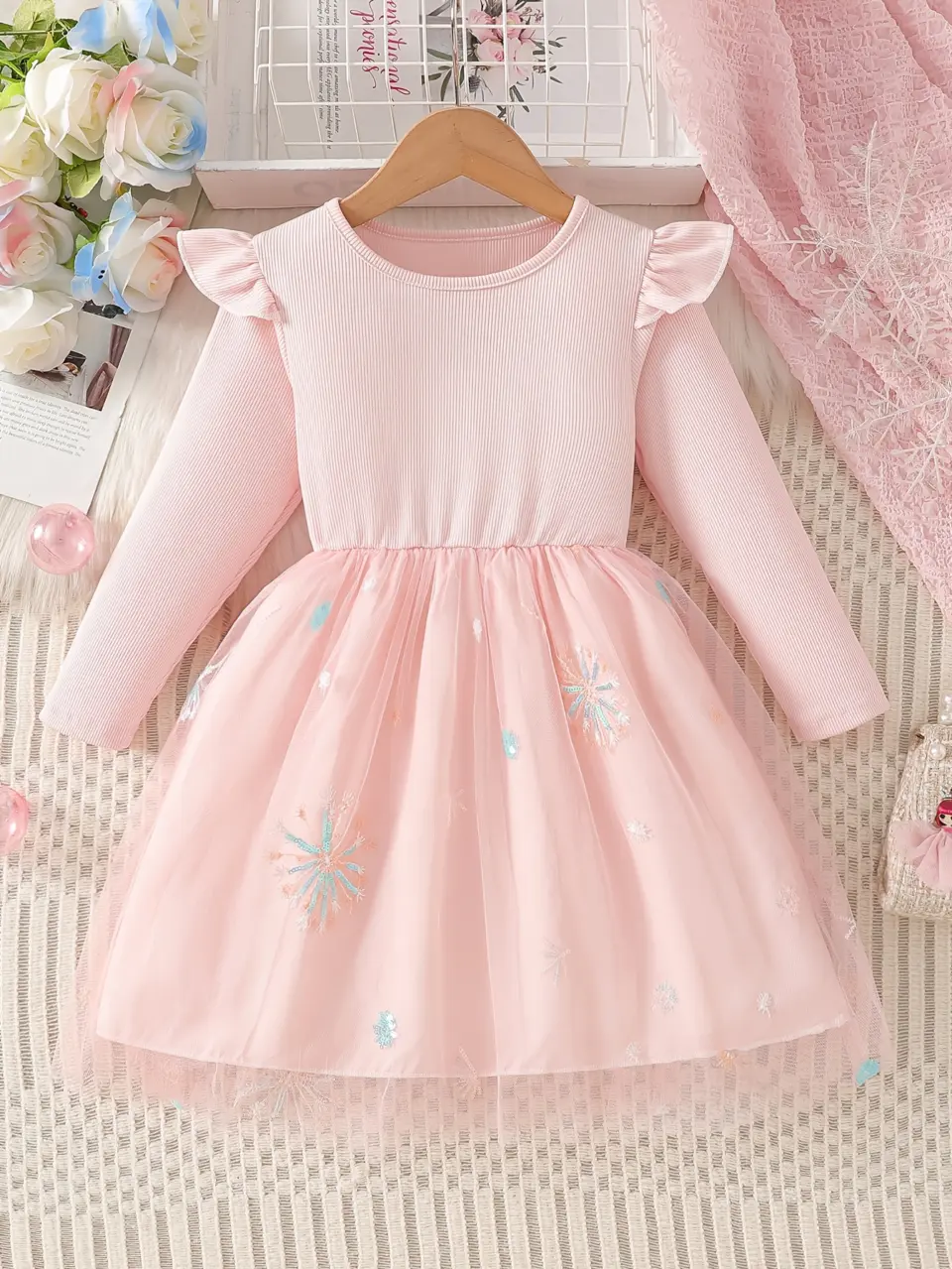 Girls Floral Beaded Tulle Dress with Long Sleeves by LUNORIANA