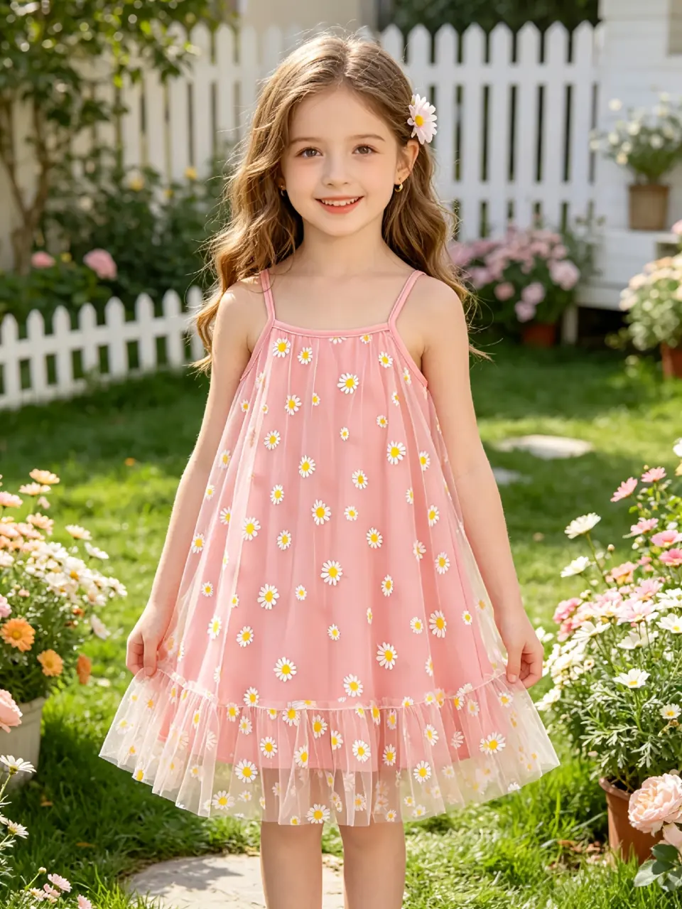 Girls Pink Daisy Mesh Sundress with Tulle Skirt by LUNORIANA