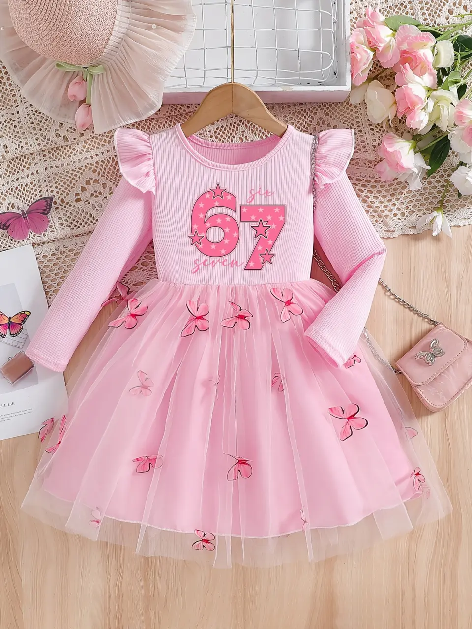 Girls Pink 67 Butterfly Embroidered Tulle Dress by LUNORIANA