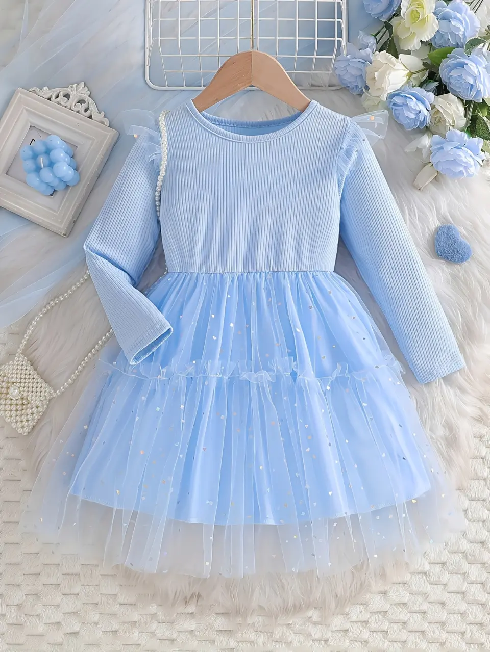 Girls Blue Sequin Tulle Princess Dress by LUNORIANA