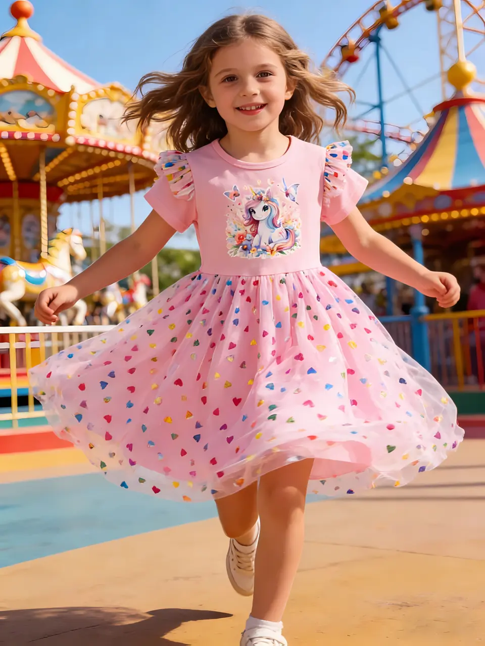 Girls Unicorn Flutter Sleeve Dress with Heart Tulle Skirt by LUNORIANA